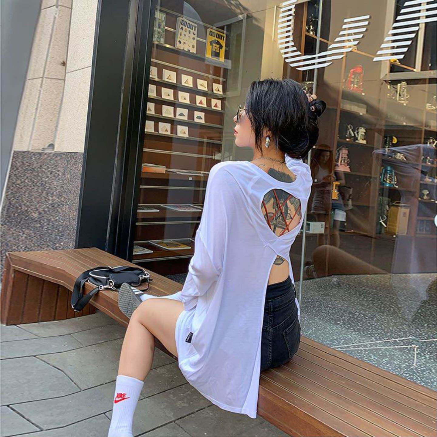 t恤女长袖后背镂空小心机防晒衣洋气宽松中长款薄款上衣