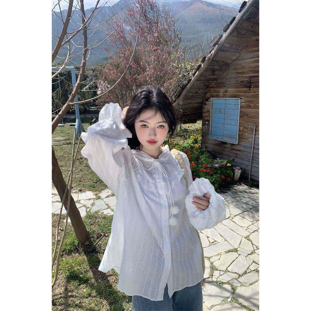 甜美减龄花边连帽系带长袖棉衬衫2026春季新款宽松独特漂亮衬衣