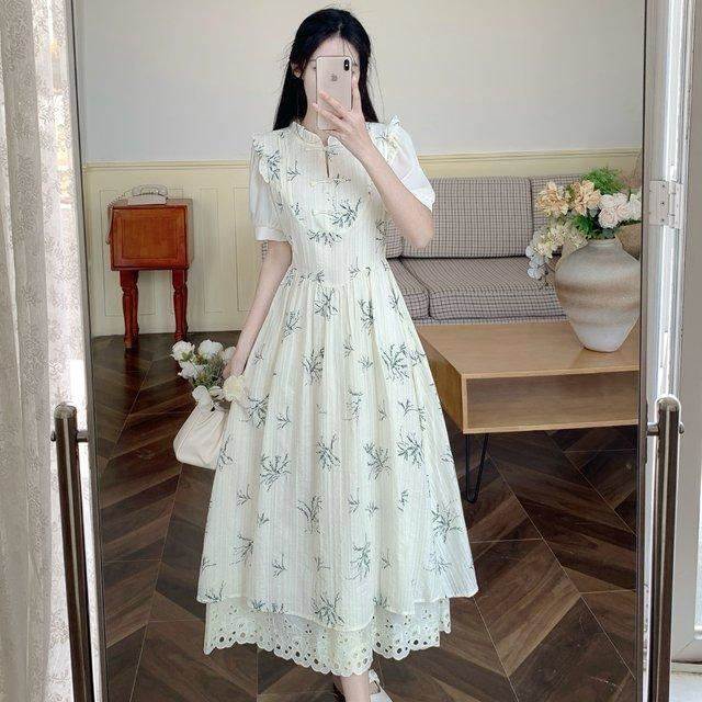 大码女装法式复古国风盘扣连衣裙女夏季胖mm印花木耳边碎花长裙子