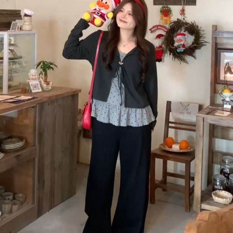 大码甜美风温柔设计感上衣女春季微胖mm遮肉波点假两件木耳边T恤