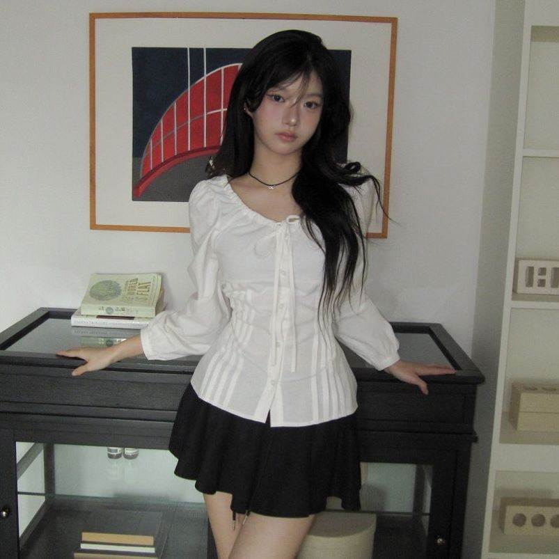韩款法式甜美小个子衬衫女春季修身显瘦上衣