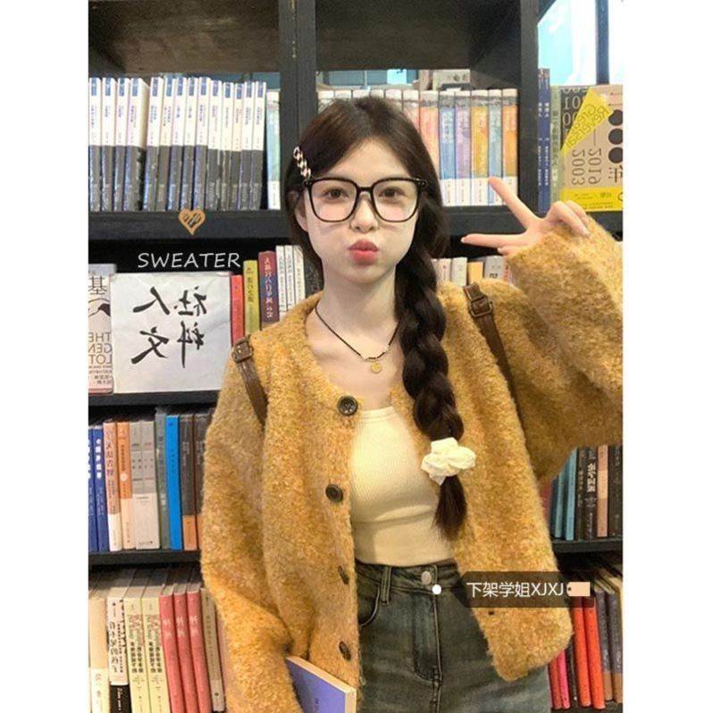 慵懒毛绒绒黄色毛衣开衫外套女秋季新款圆领宽松针织洋气上衣