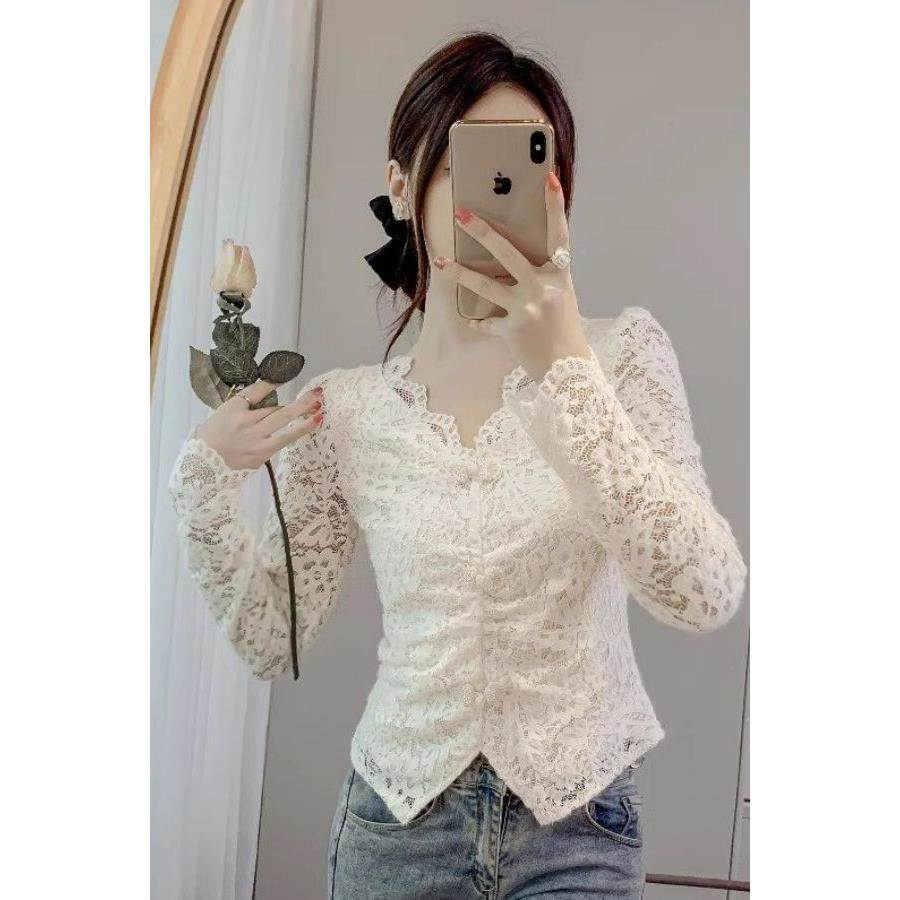 加绒蕾丝打底衫女春夏2026新款修身V领褶皱气质小衫内搭长袖上衣