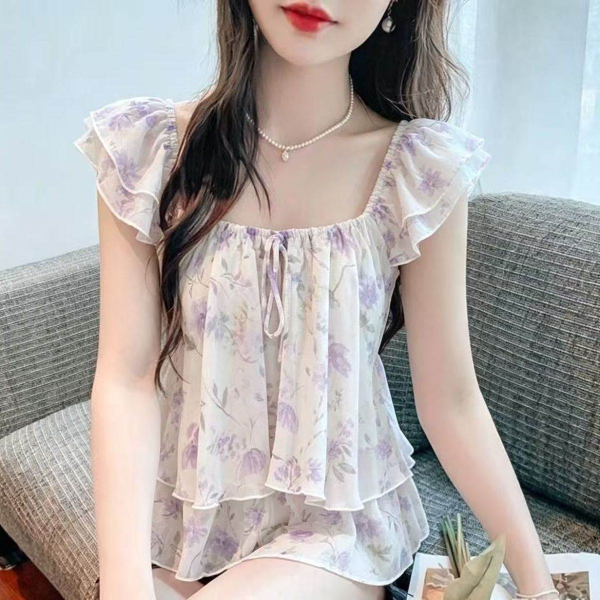 夏季设计感甜美减龄方领荷叶边清新小飞短袖衬衫夏宽松薄上衣