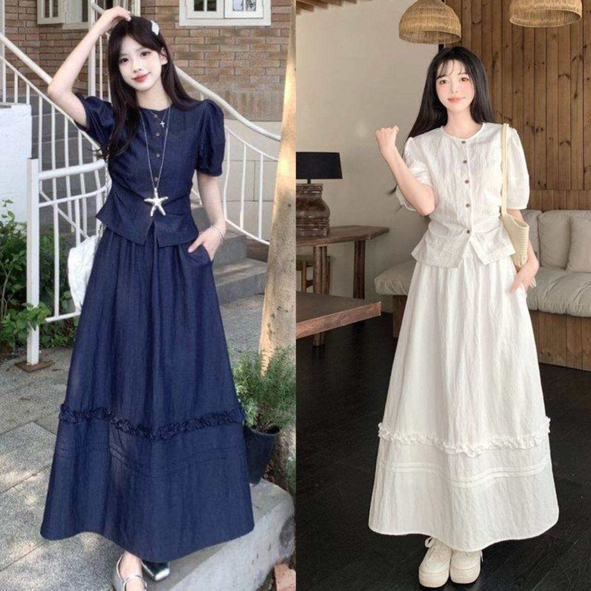 大码韩系穿搭套装裙女夏胖mm显瘦泡泡袖衬衫高腰半身裙气质两件套