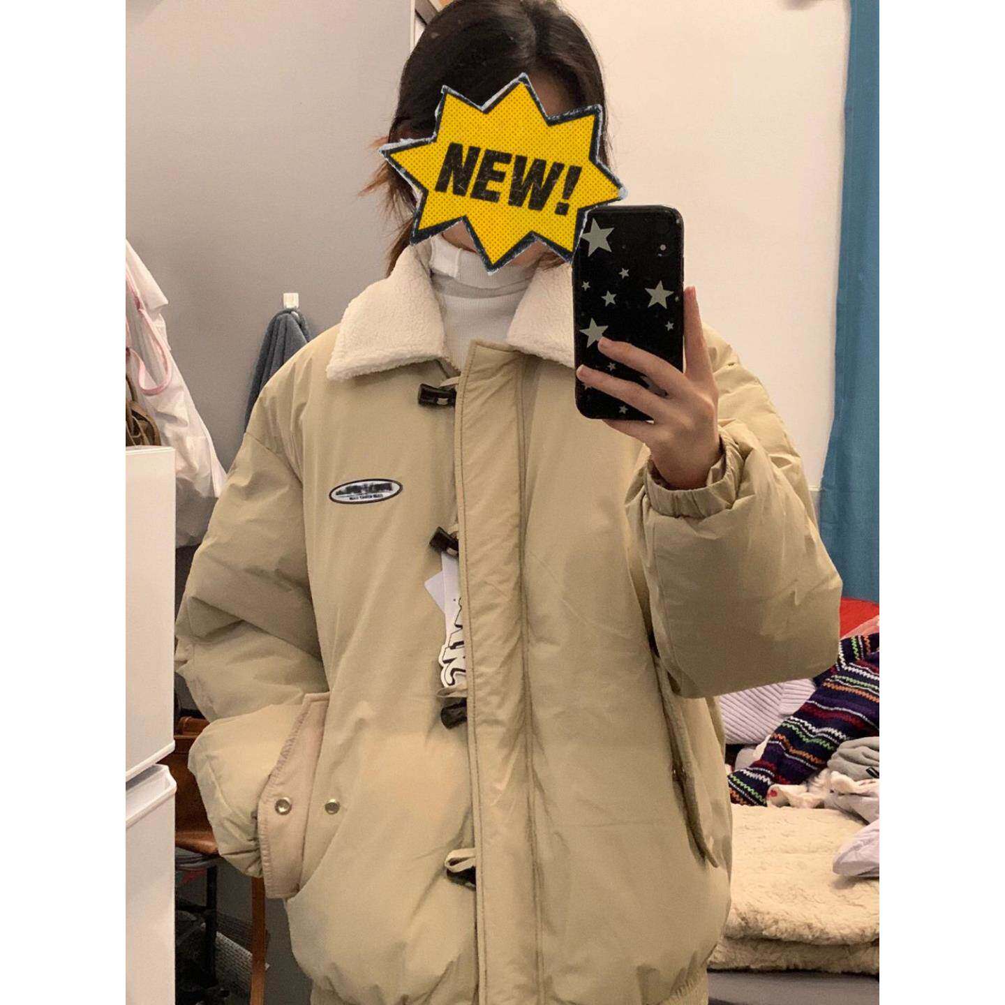 美式复古羊羔毛绒外套女秋冬季新款翻领夹克宽松加绒加厚棉衣棉服