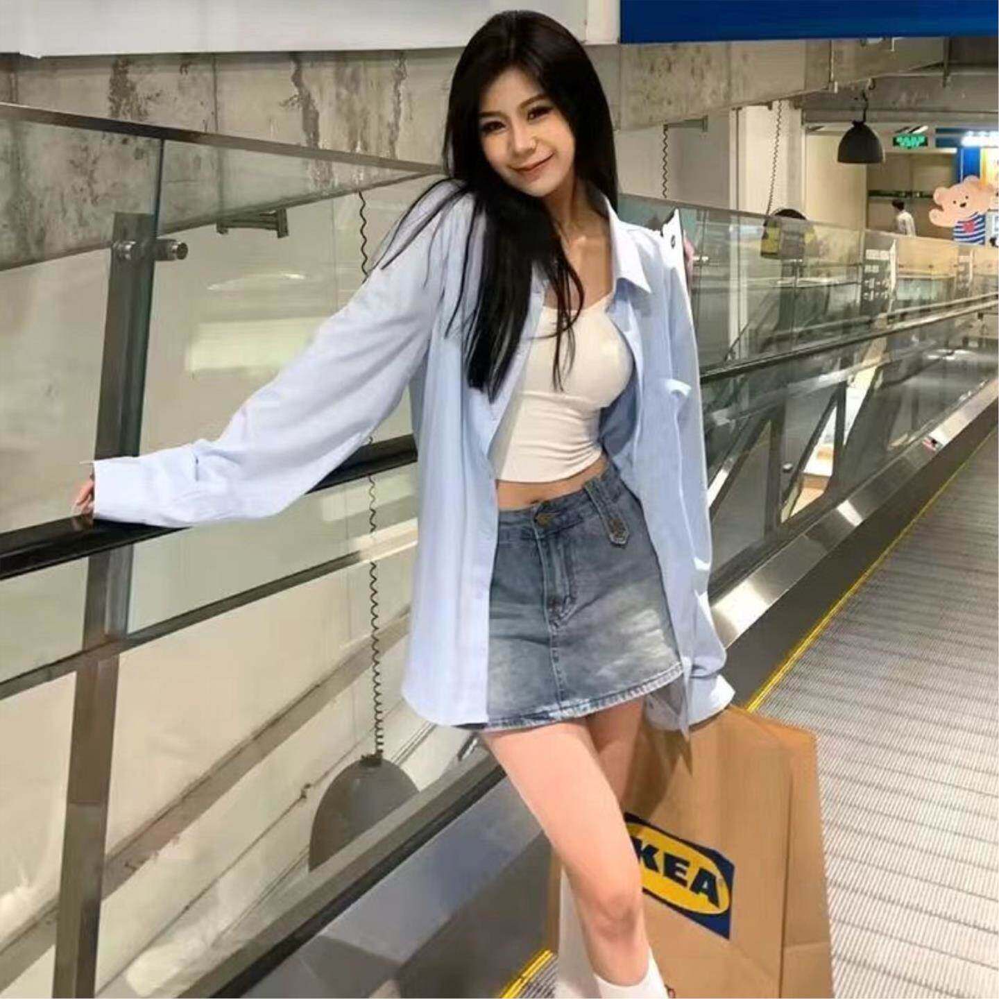 宽松休闲防晒开衫衬衣上衣夏季新款设计感小众长袖绿色衬衫外套女