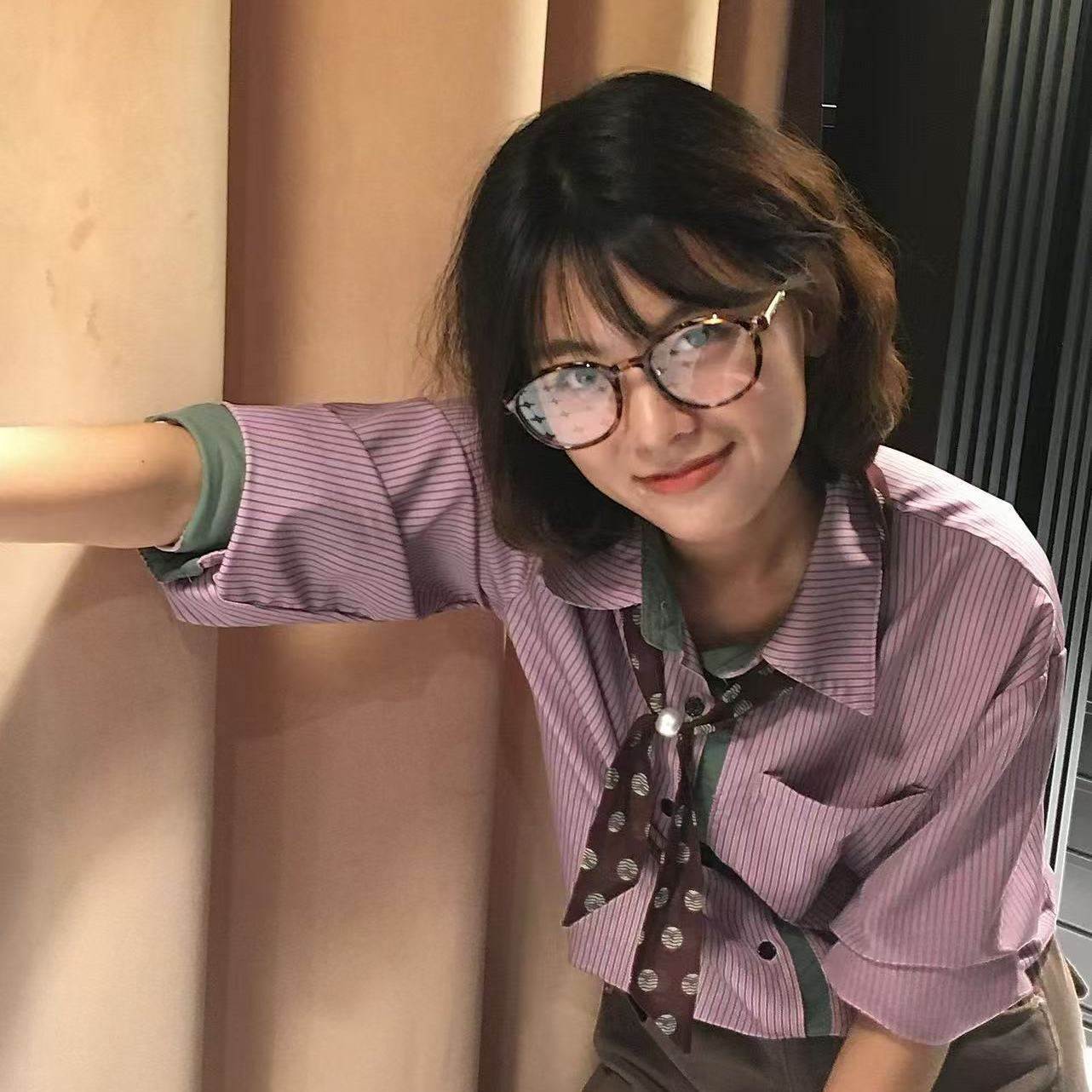 韩系复古紫色条纹翻领衬衫女设计感小众绿色拼接百搭好看