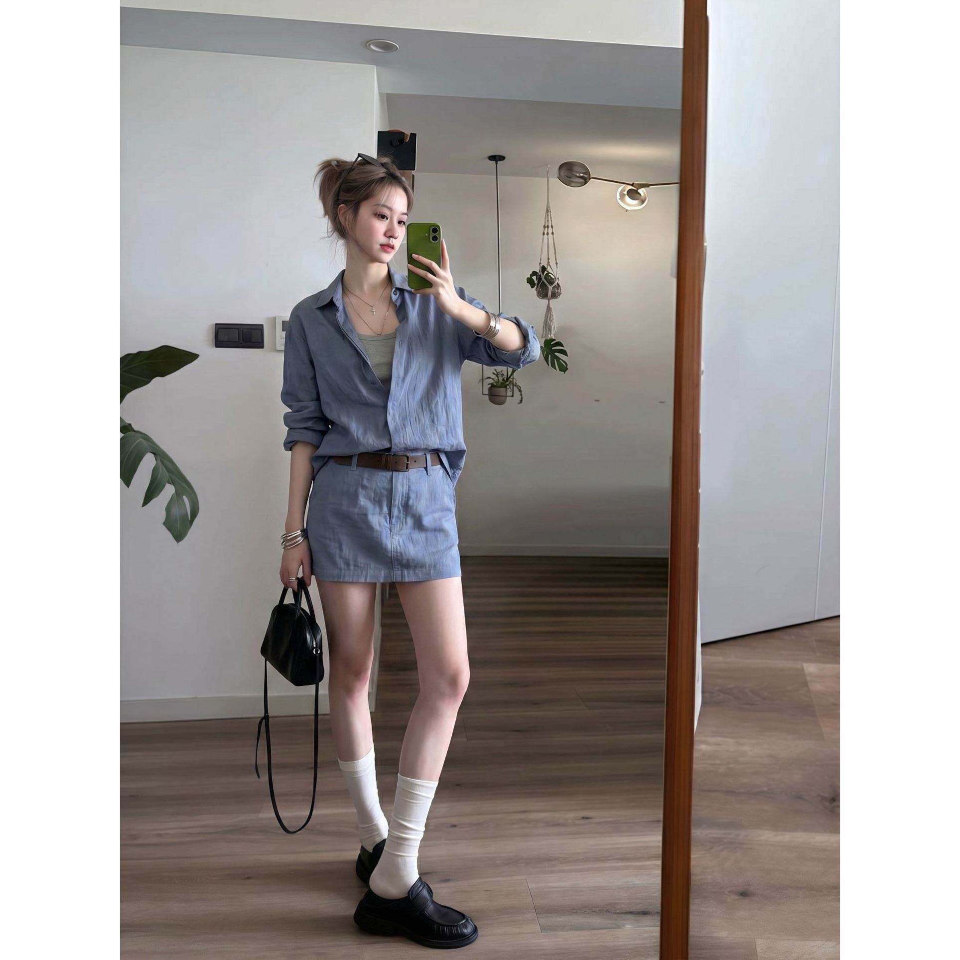 韩式纯色纽扣衬衫女夏季新款收腰显瘦半身裙气质松弛感通勤两件套