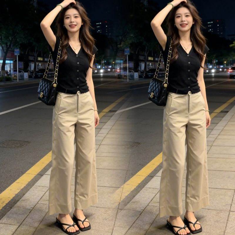 短袖女修身夏季新款洋气V领针织衫上衣小个子九分阔腿裤两件套装