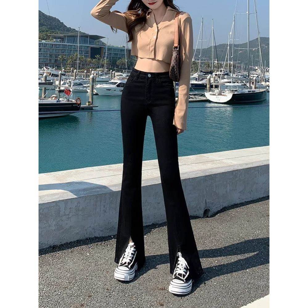 黑色开叉微喇牛仔裤女2025春秋新款今年流行小个子女士喇叭裤子