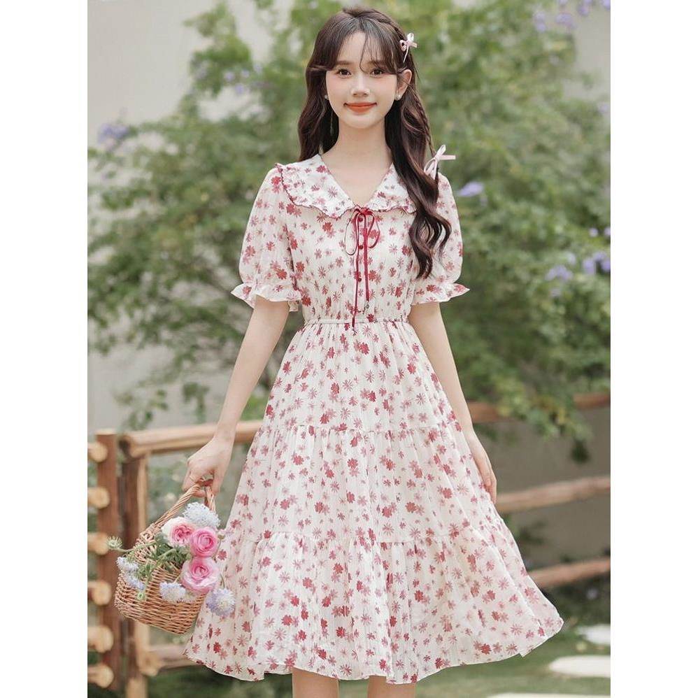 减龄娃娃领连衣裙女夏2026新款红色雪纺裙子高腰法式仙女碎花长裙