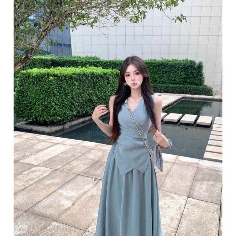 冷淡风高级感套装气质无袖收腰衬衫上衣女夏季半身裙长裙子两件套