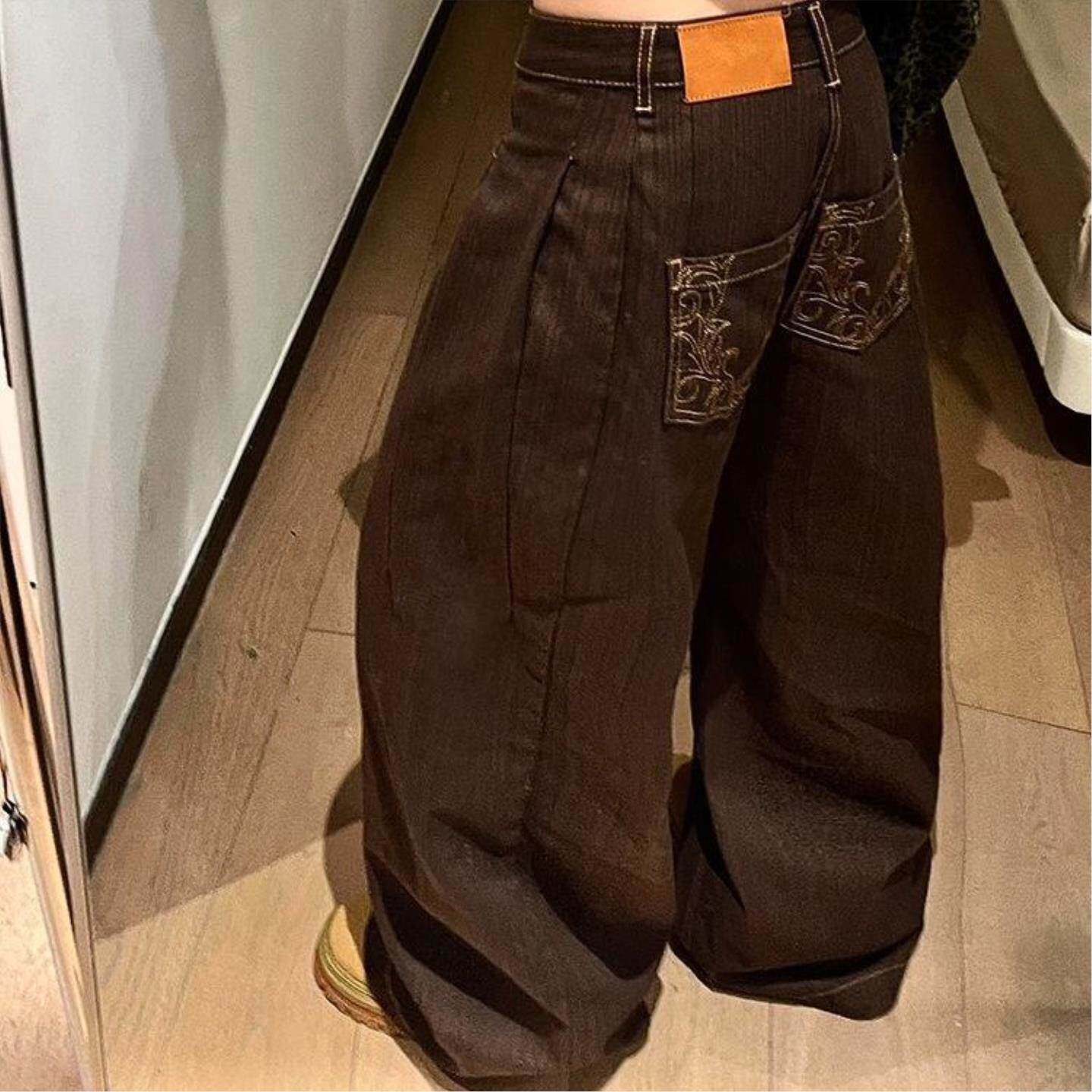 美式复古辣妹水洗竖条纹牛仔裤子女设计感小众口袋绣花阔腿拖地裤