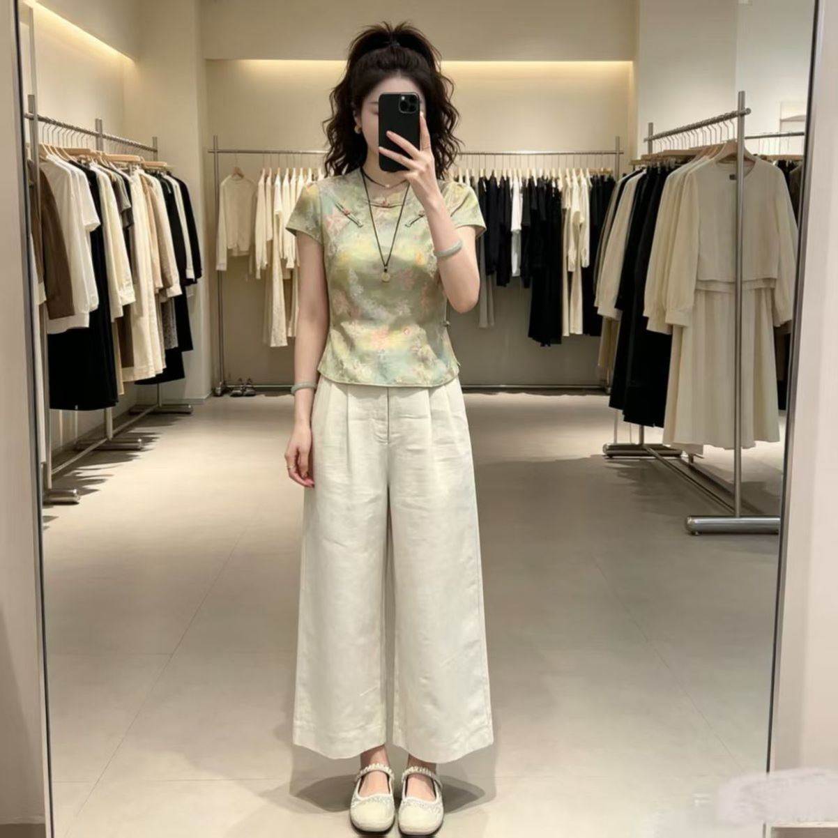 新中式国风套装女2026夏季新款修身显瘦立领盘扣衬衫阔腿裤两件套