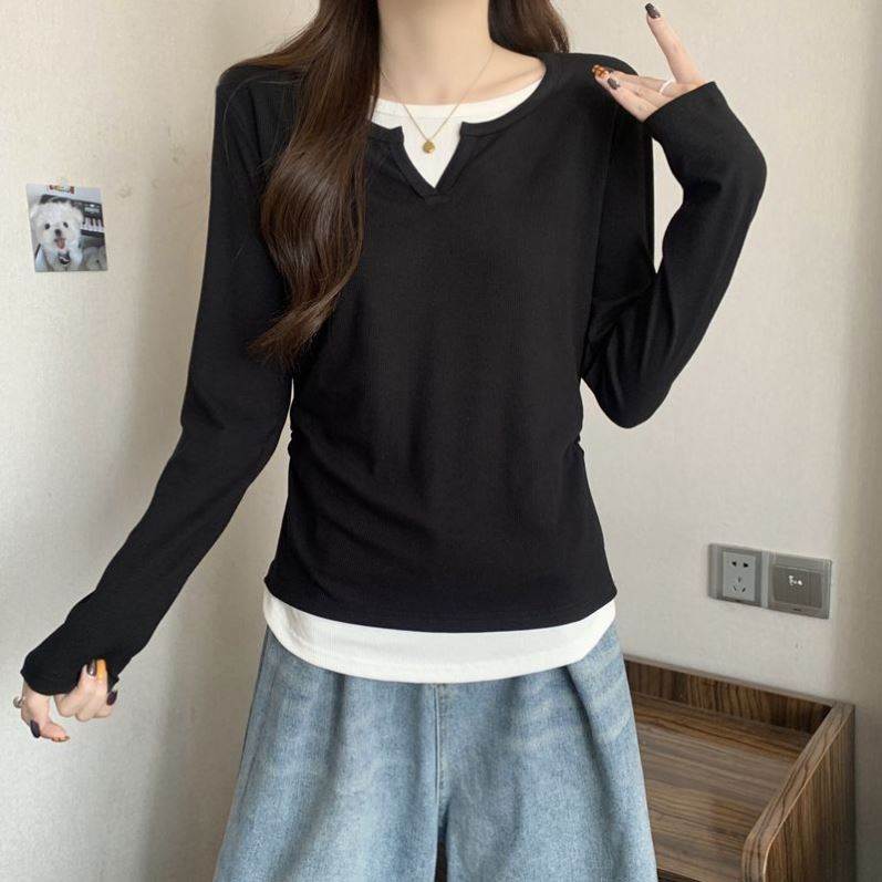 秋冬chic休闲上衣假两件圆领长袖t恤女2026年新款内搭显瘦打底衫