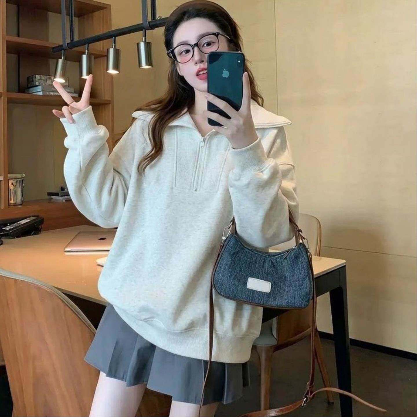 韩系半拉链翻领长袖卫衣女2026秋季大码宽松小众设计感上衣