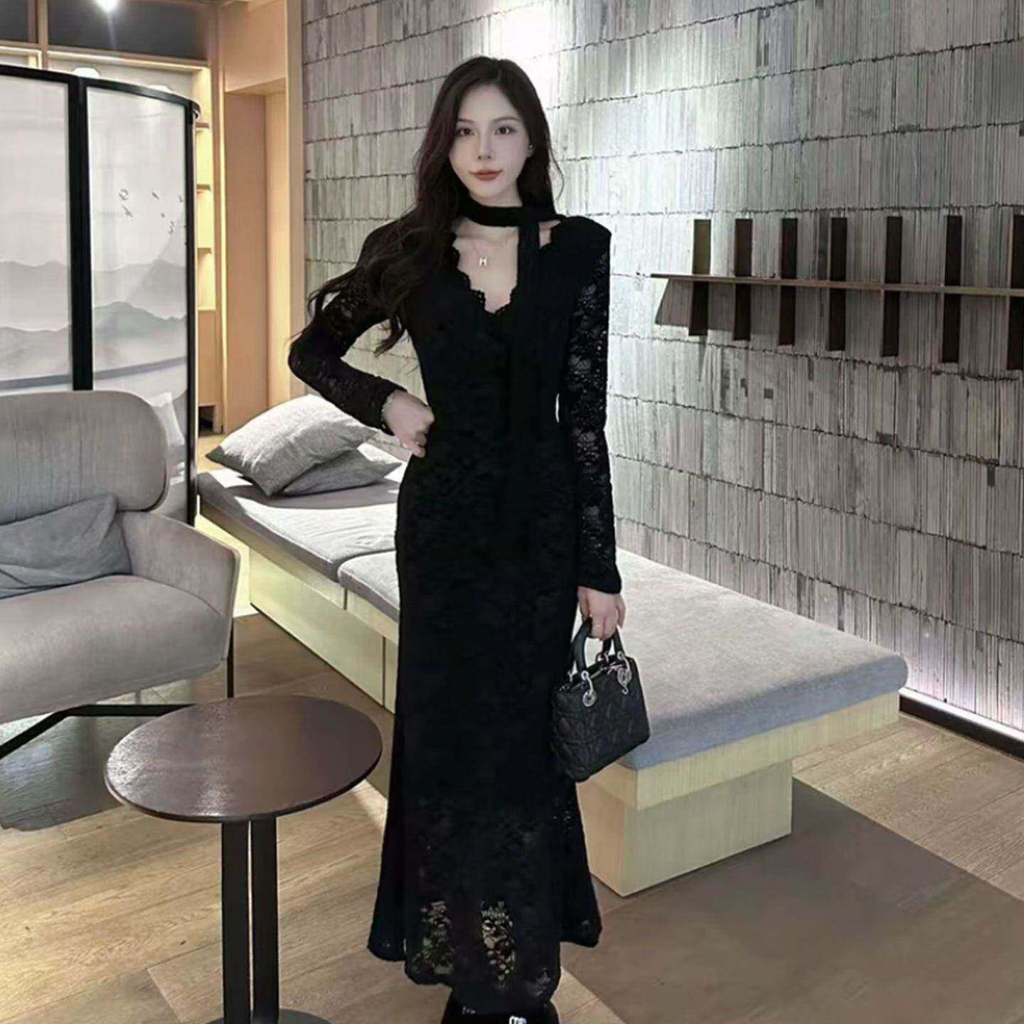 法式纯欲风蕾丝连衣裙女秋春季新款修身收腰纯欲辣妹包臀鱼尾长裙