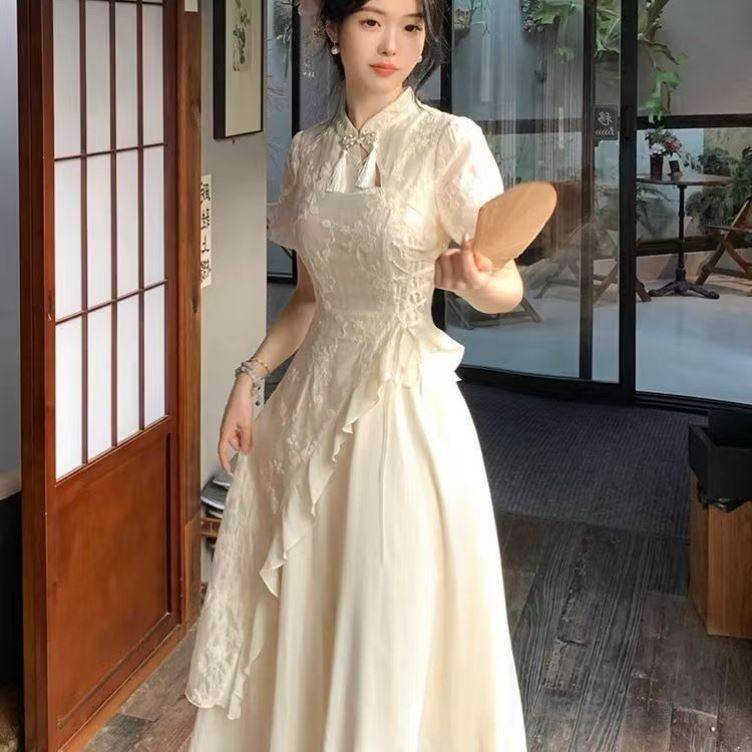 大码新中式裙子改良流苏立领刺绣胖妹妹旗袍时尚绑带假两件连衣裙