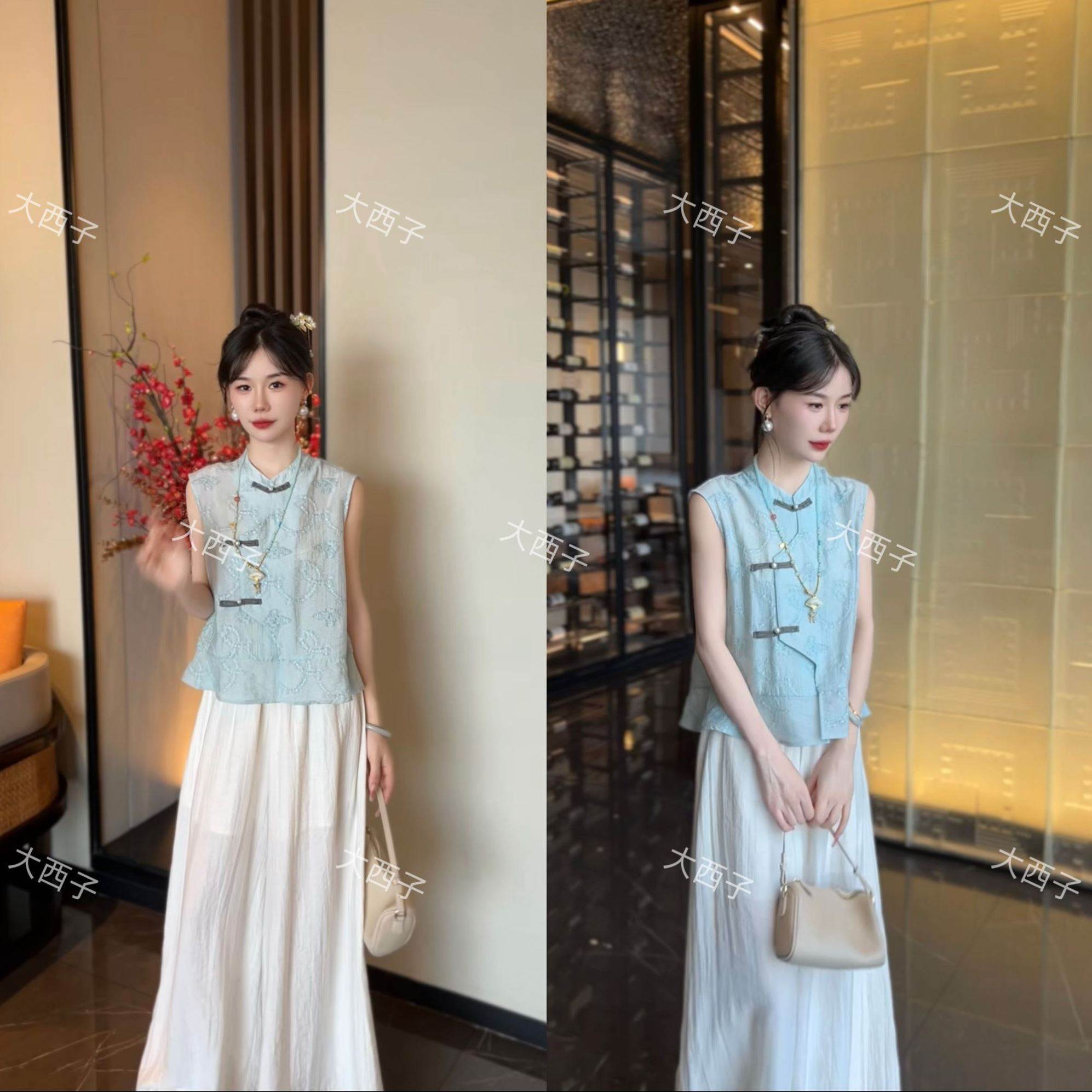 新中式无袖盘扣马甲上衣女夏季改良国风背心宽松白色阔腿裤两件套