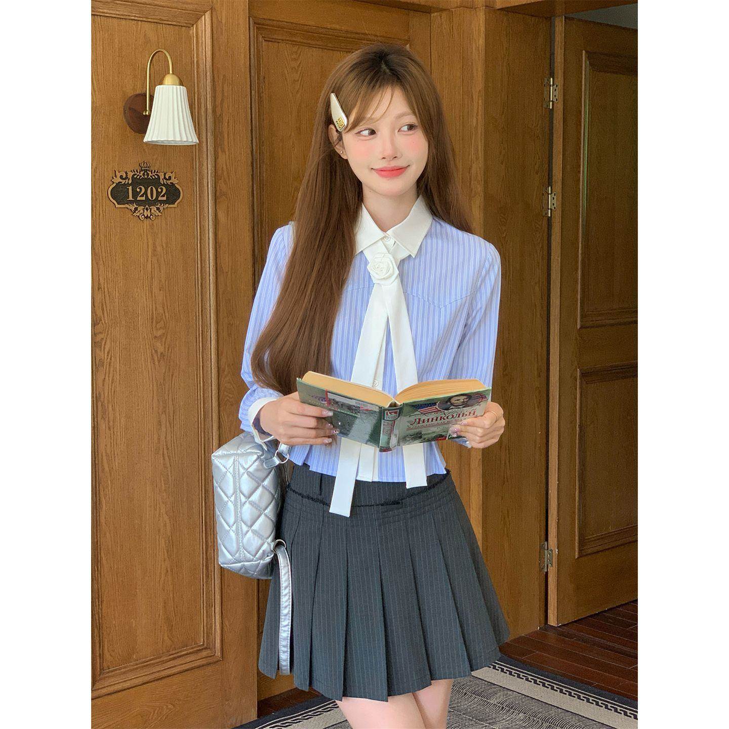 新款蓝白条纹长袖衬衫学院风上衣女领带衬衣