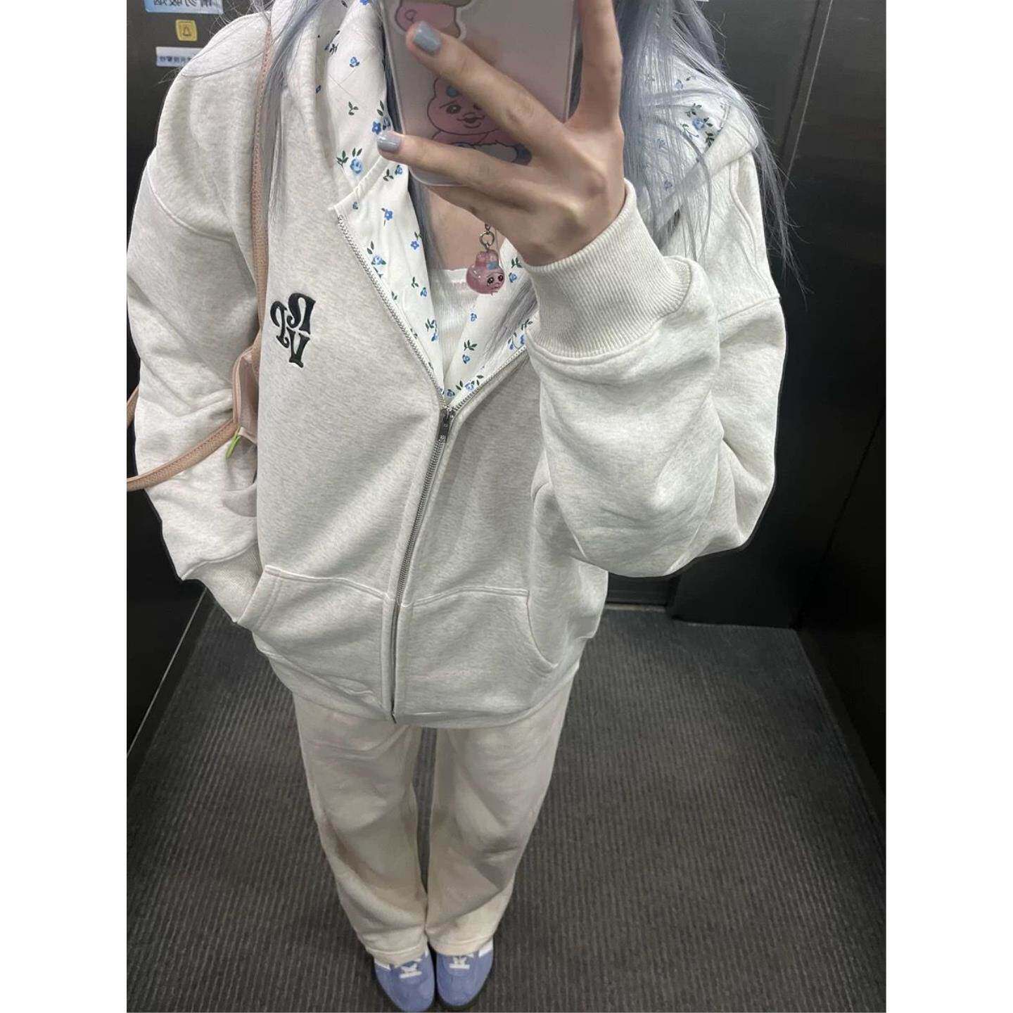 美式潮流碎花加绒卫衣女春季2026新款设计感小众拼接宽松开衫外套