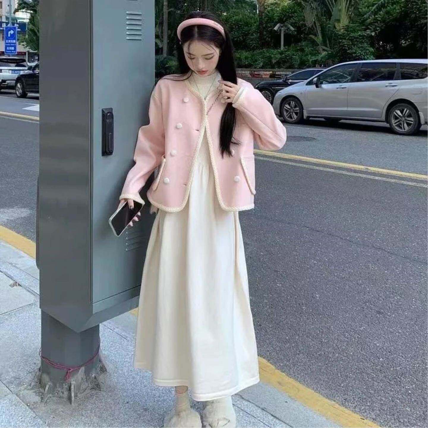 针织长袖连衣裙女装春冬新款气质减龄毛呢外套小香风套装裙两件套