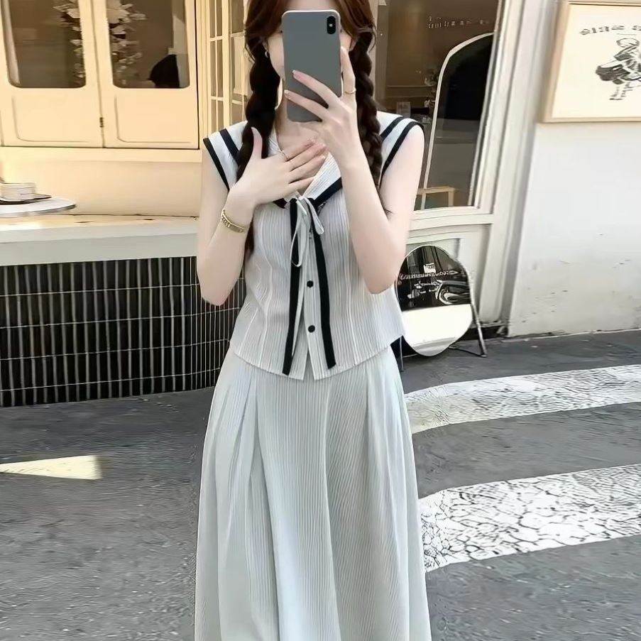 韩系新风夏季新款海军条纹上衣温柔减龄半身裙套装