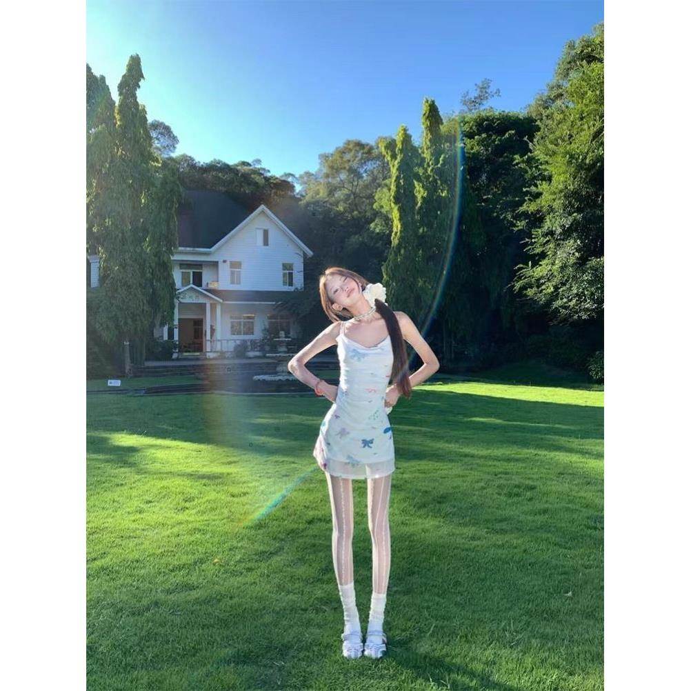 辣妹印花吊带连衣裙吊带裙夏季小众设计感修身显瘦假两件短裙裙子