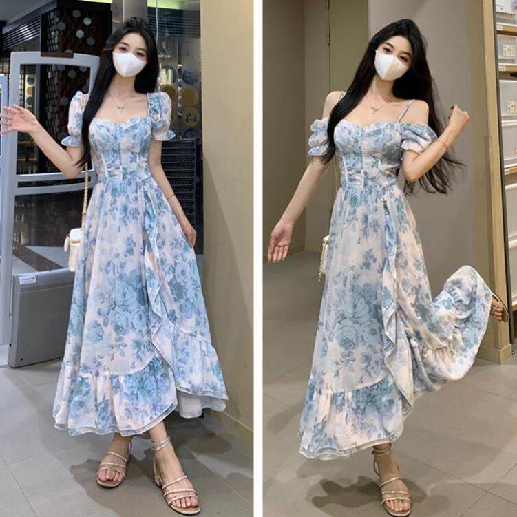 大码女装夏季新中式复古碎花连衣裙胖妹妹气质收腰两穿吊带长裙子