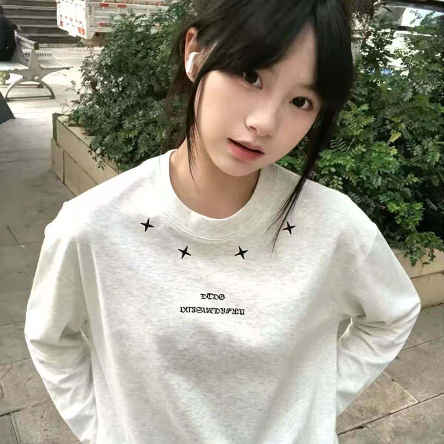 韩系高级感潮牌印花字母纯棉长袖t恤女秋季初中生学生设计感上衣