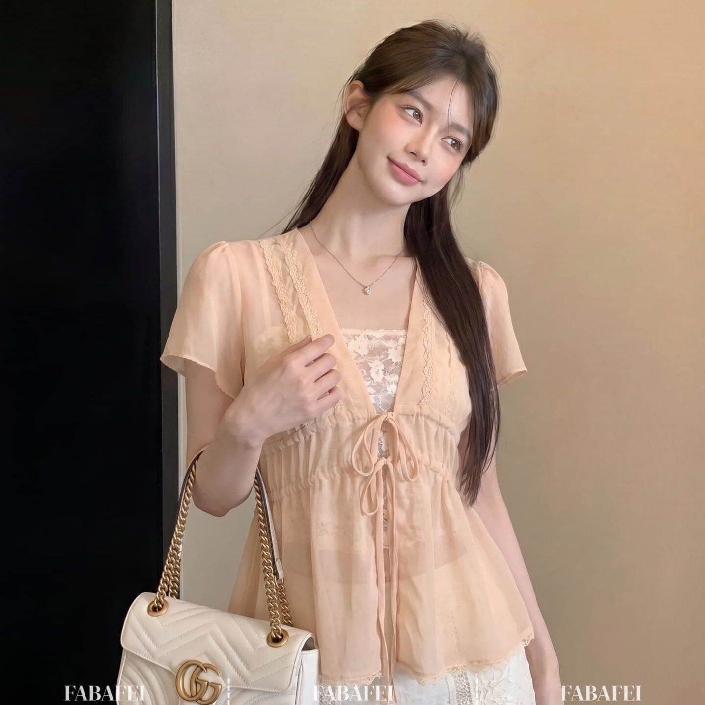 森系温柔风蕾丝假两件衬衫女夏季款系带泡泡短袖雪纺衫超好看上衣