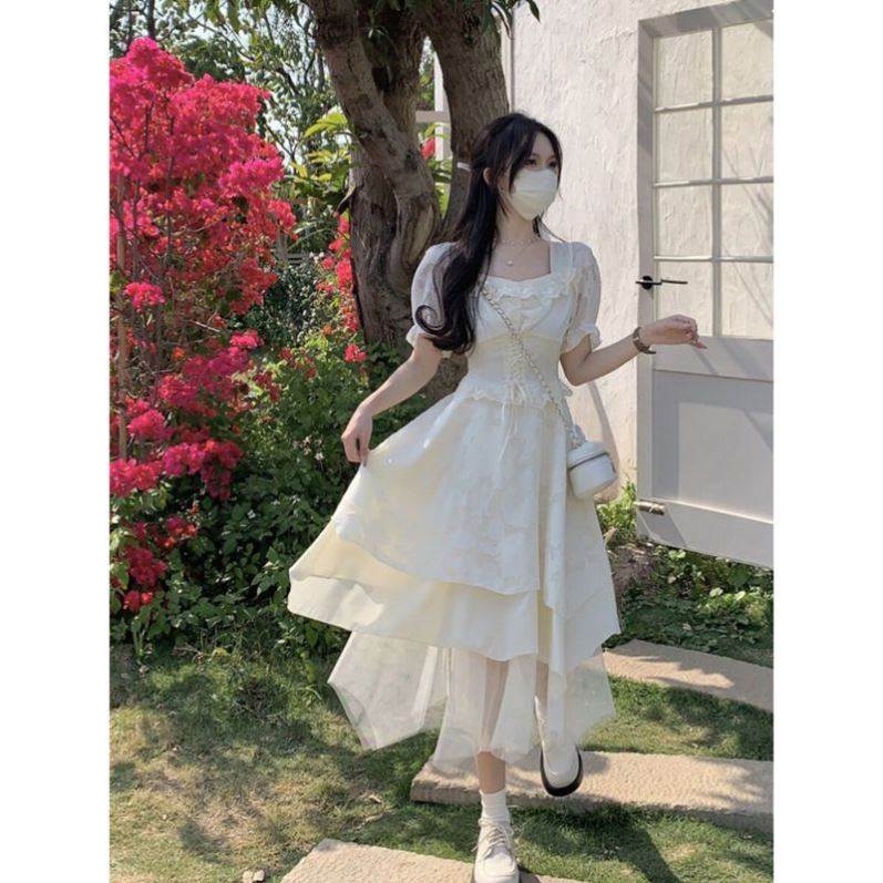 法式方领泡泡袖连衣裙女夏季款Lolita蓬蓬裙拖尾公主轻礼成人礼裙