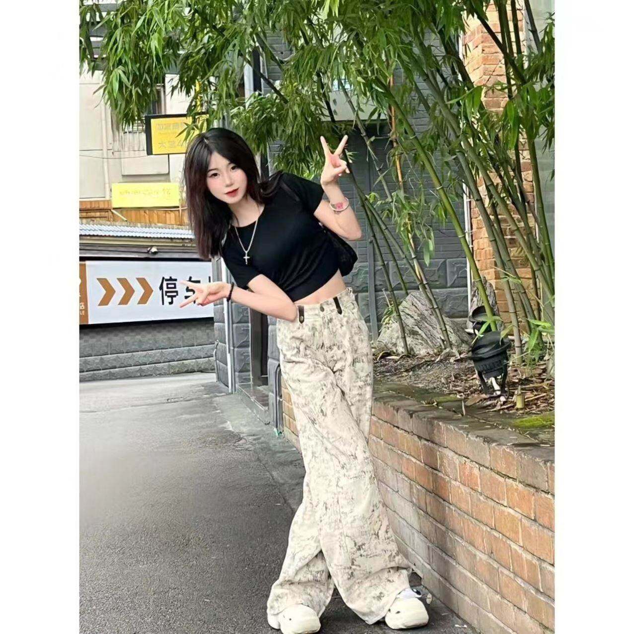 大码胖mm复古扎染印花休闲阔腿裤女新款高腰宽松显瘦垂感拖地长裤