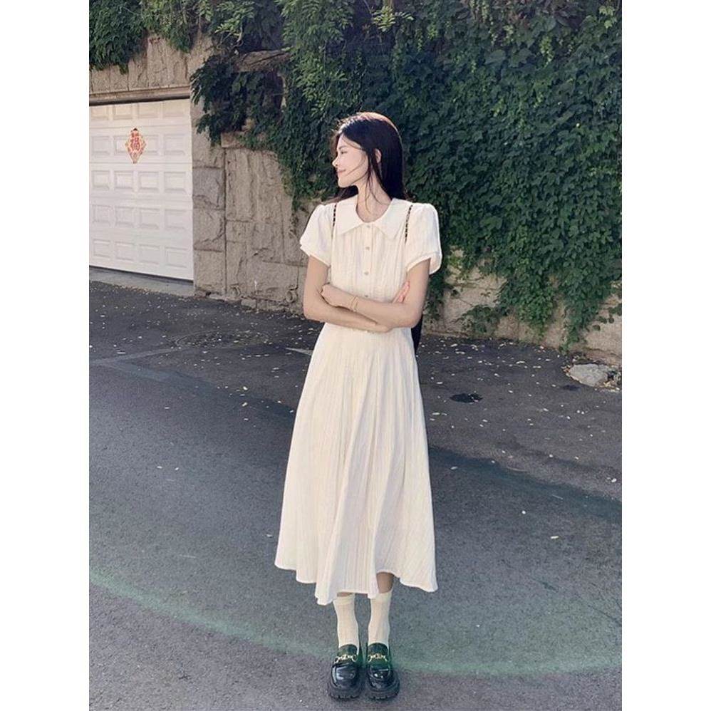 白色短袖连衣裙女2026夏季新款小个子韩版甜美温柔风收腰显瘦长裙