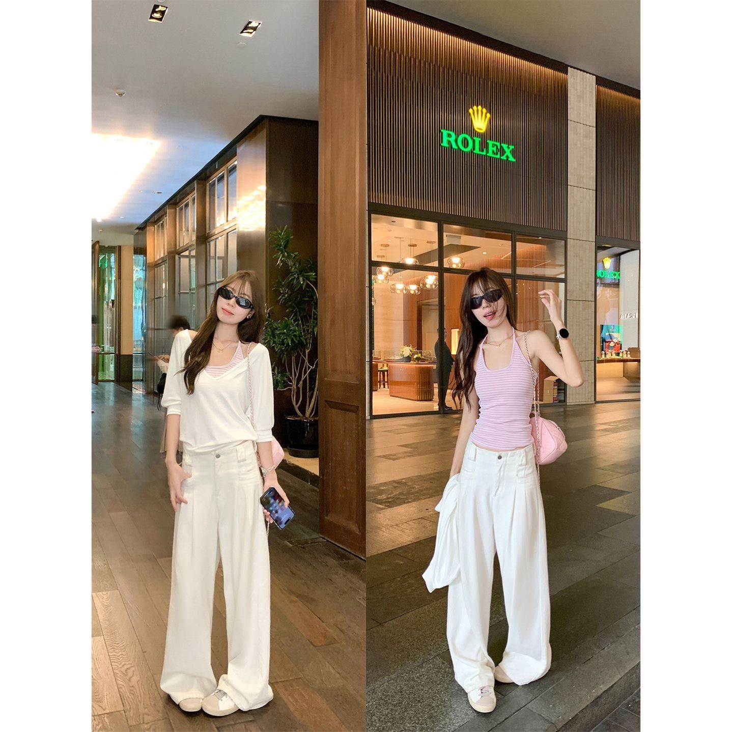 韩系领短袖恤罩衫女夏宽松中袖上衣条纹挂脖背心两件套470306437