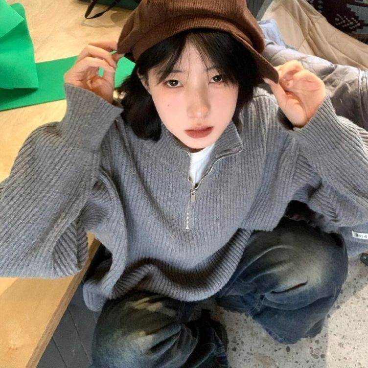 韩版半拉链针织毛衣女秋冬潮流帅气百搭立领针织衫潮高领外搭上衣