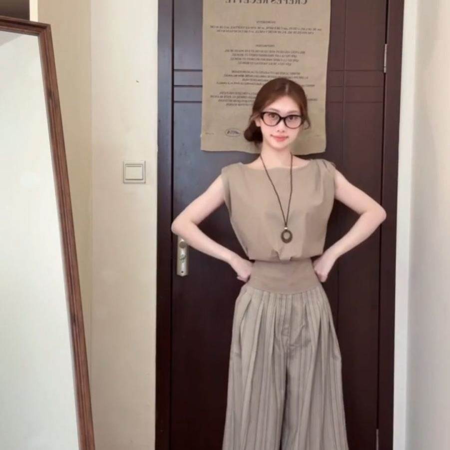 韩系高级感运动服女夏季时尚慵懒风无袖上衣阔腿裤休闲