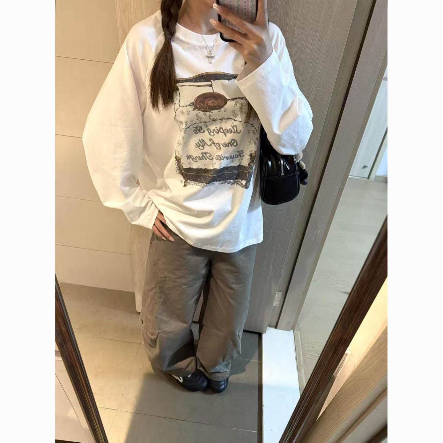 棉街头潮牌风圆领长袖t恤男女春季宽松休闲通勤韩版上衣