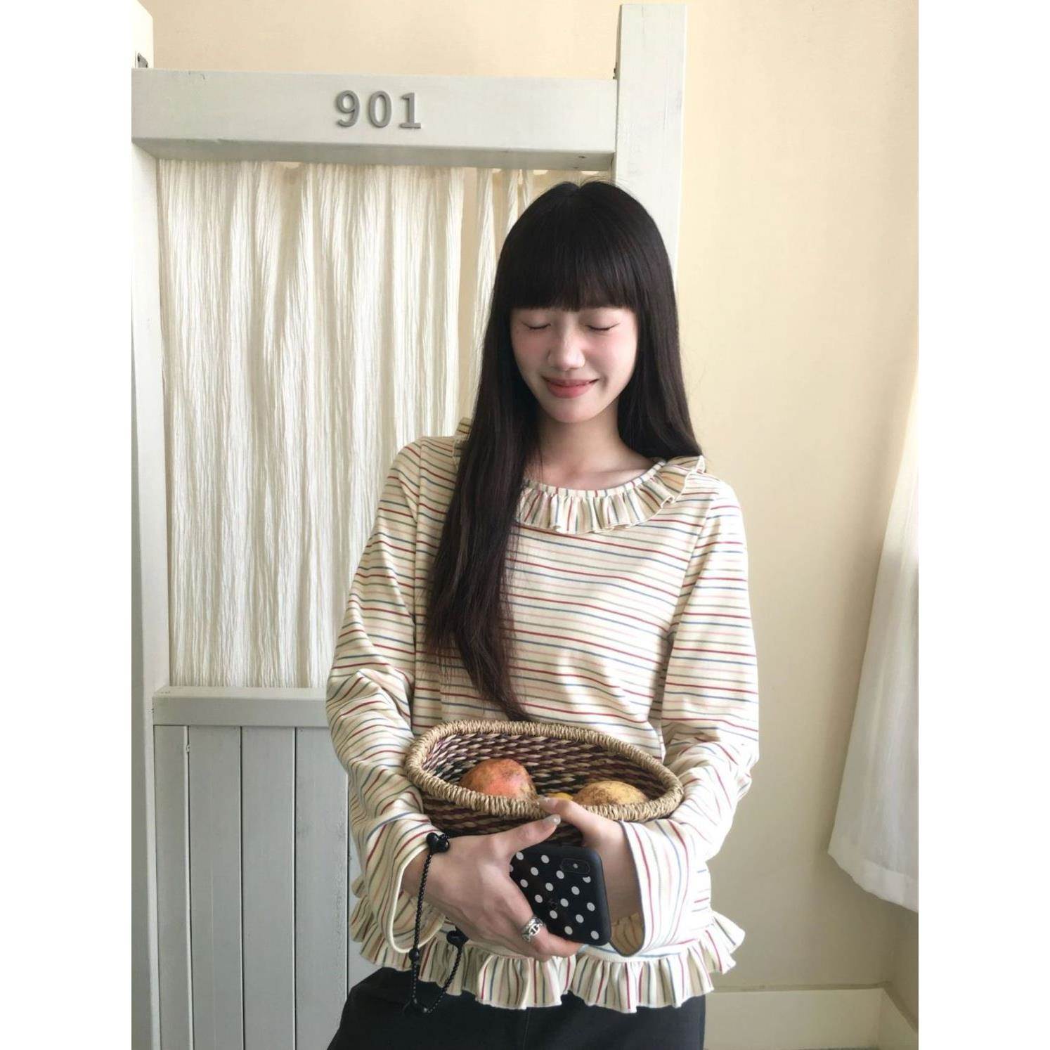 日系花边荷叶领少女感彩色条纹T恤女长袖甜美减龄百搭显瘦上衣