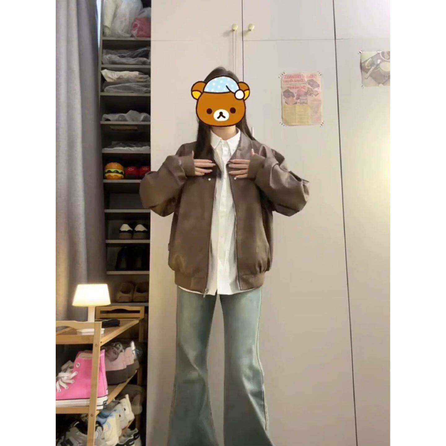 美式复古棕色翻领外套女春秋新款百搭仿麂皮休闲高级情侣夹克上衣