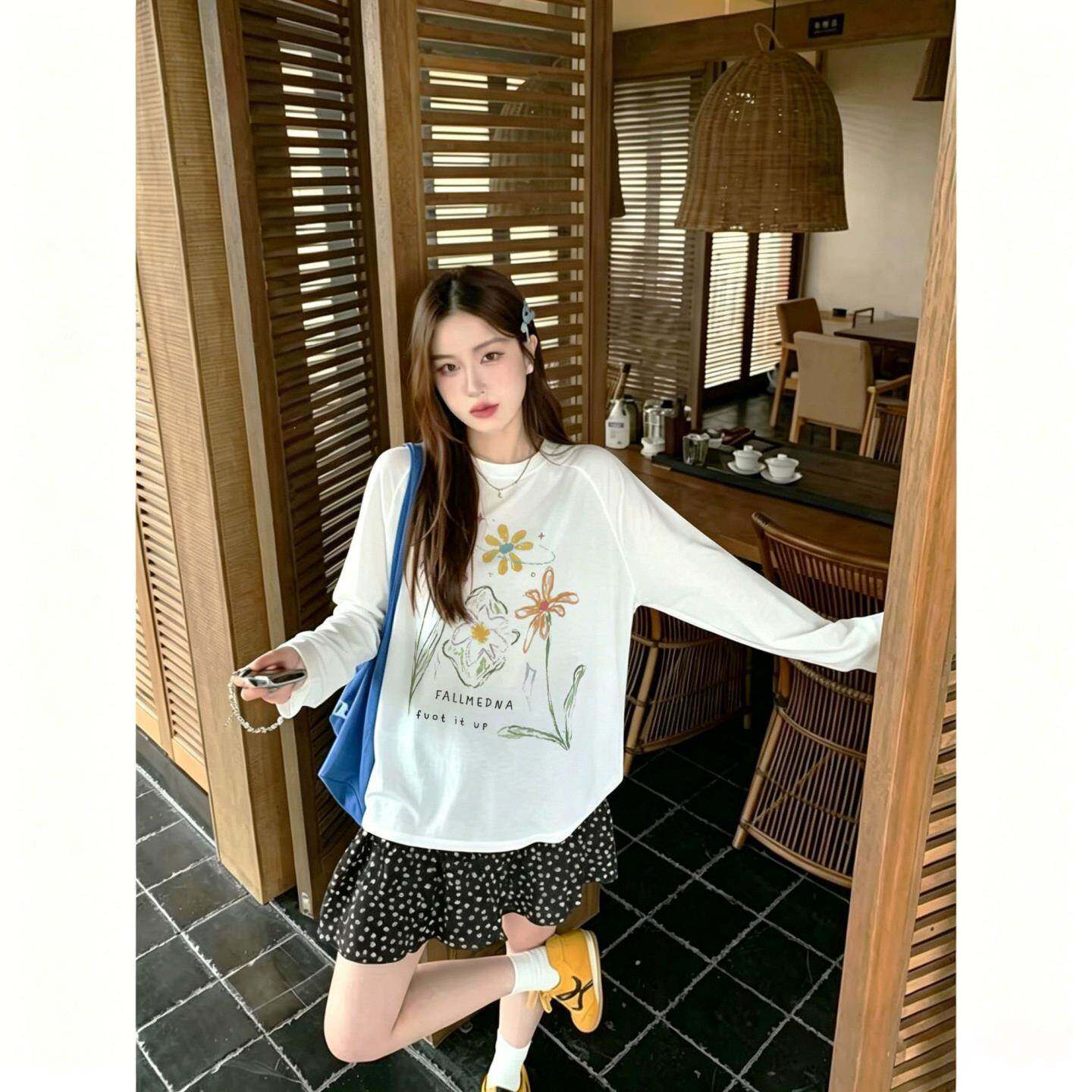 夏季新款韩系慵懒风长袖防晒罩衫运动T恤女设计感透气显瘦上衣服