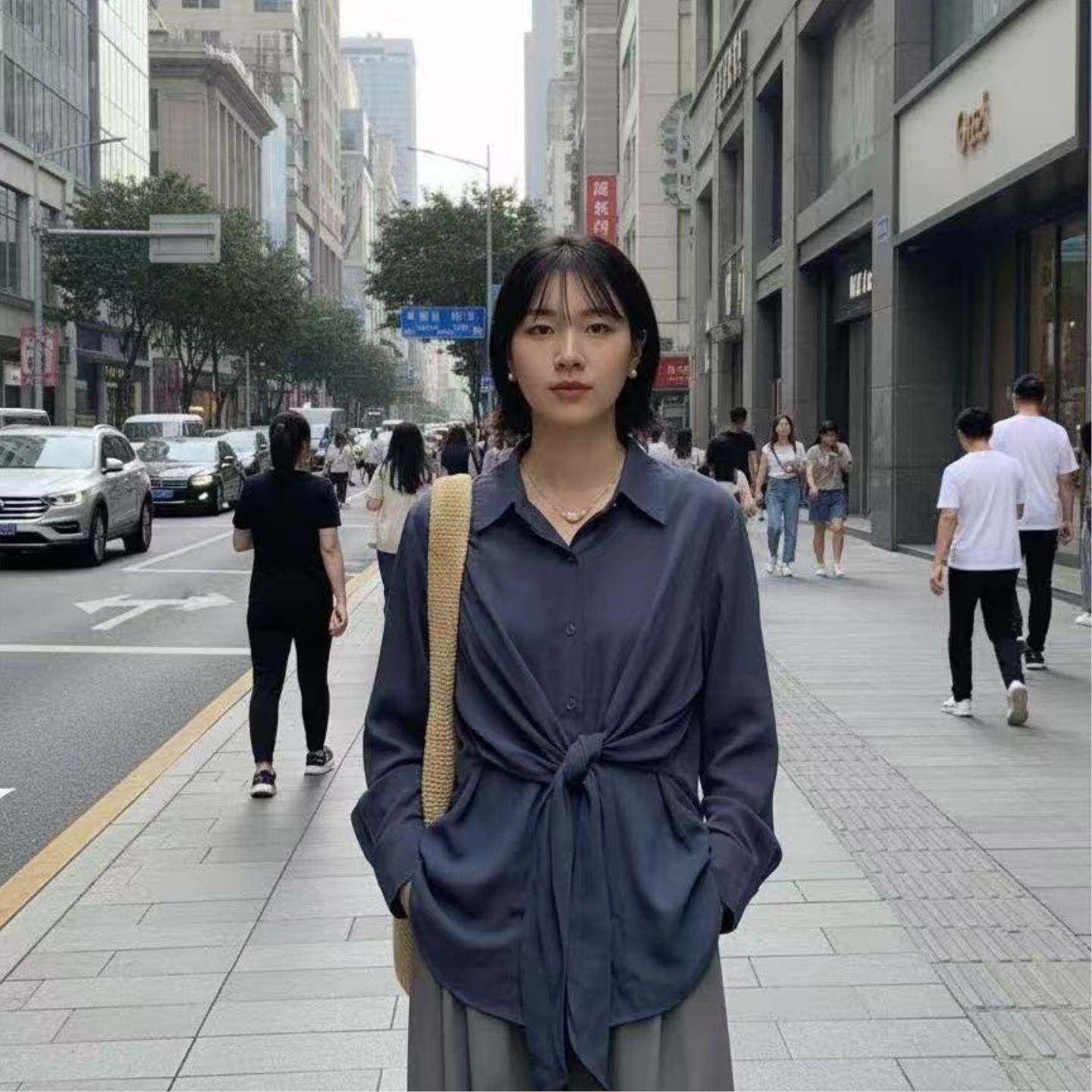翻领气质绑带系带设计长袖法式衬衫收腰新款通勤衬衣韩版显瘦上衣