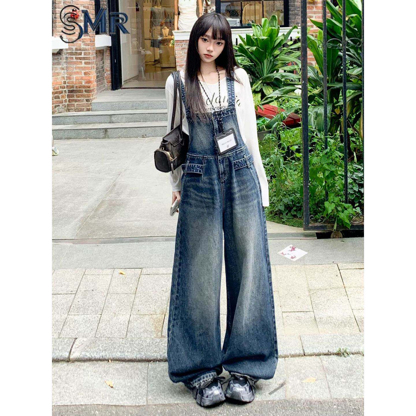 美式复古水洗牛仔背带裤套装女春秋新款慵懒风潮流感显瘦连体裤