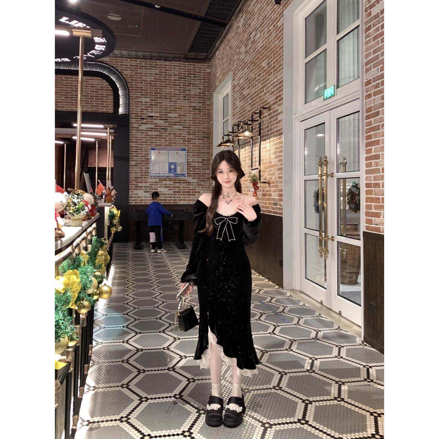 春夏新款甜美复古气质鱼尾显瘦长袖丝绒裙子女蝴蝶结连衣裙