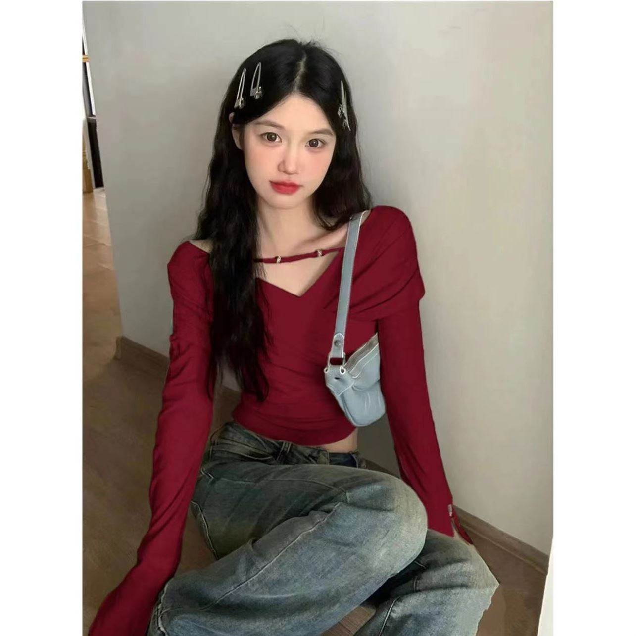 薄荷曼波风薄荷绿春装长袖T恤女性感纯欲V领甜辣妹修身打底衫上衣