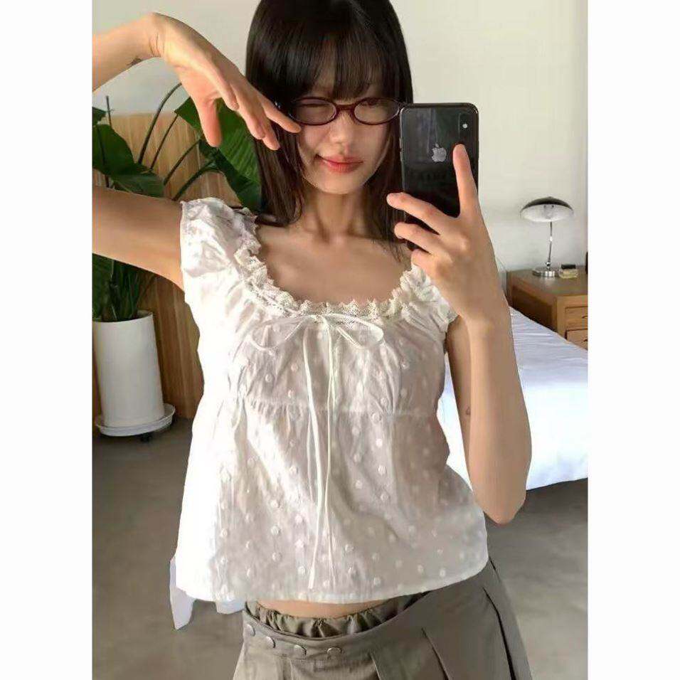 系带网红ins白色夏日蕾丝花边新款拼接刺绣短袖衬衫上衣女