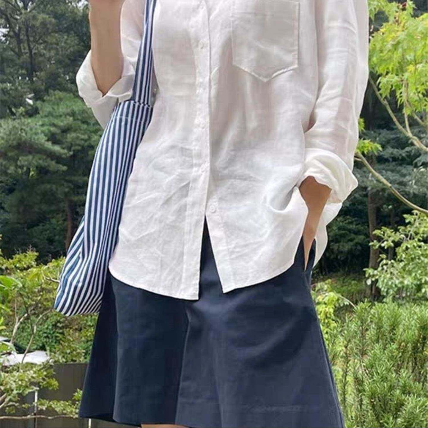 法式防晒白色长袖夏季衬衫外套薄款2026宽松棉麻衬衣上衣