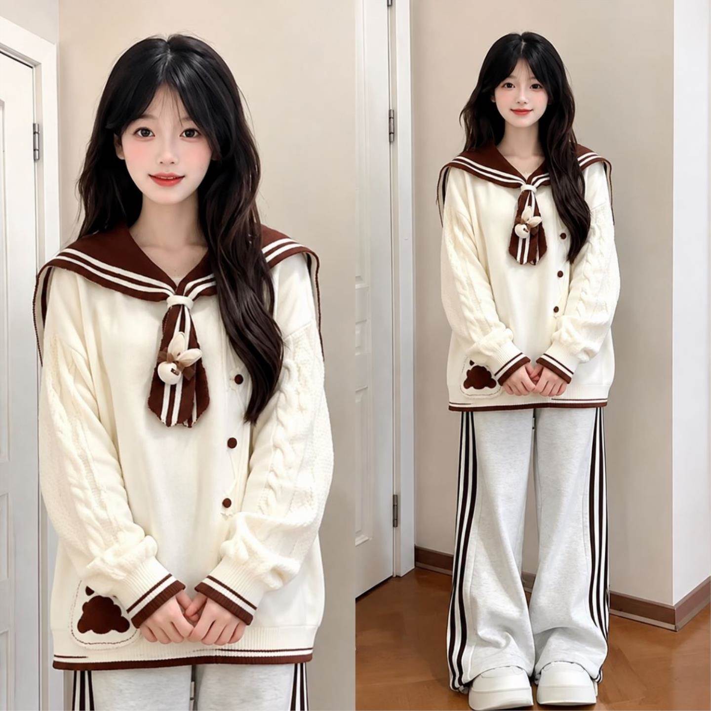 学院风时尚穿搭一整套少女春夏针织毛衣初中生阔腿裤洋气两件套装