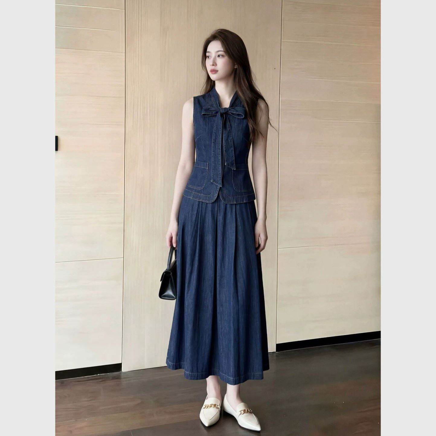 设计感蓝色牛仔马甲2026夏季法式小众+半身裙两件套装女轻熟通勤